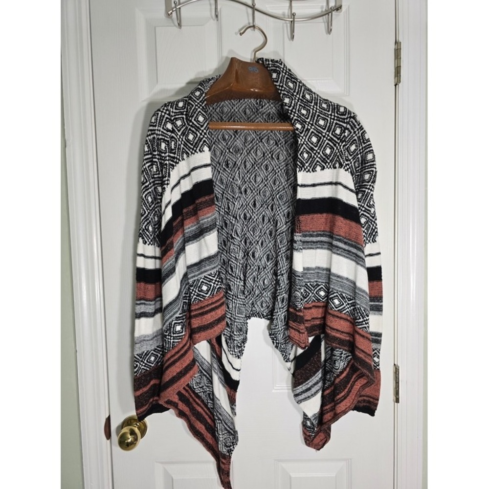 Geometric Striped Open Front Cardigan Black Terracotta Cotton Boho Azteck